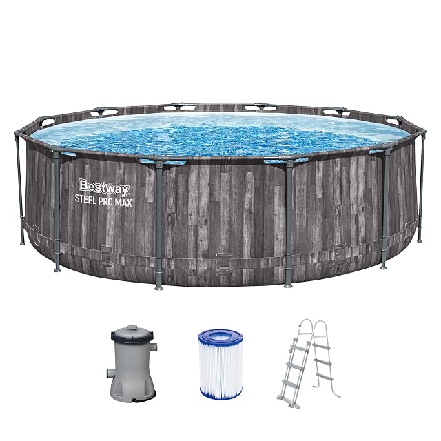 Round Bestway above-ground pool in dark bog-oak wood effect, 366 cm across and 100 cm high, with a safety ladder