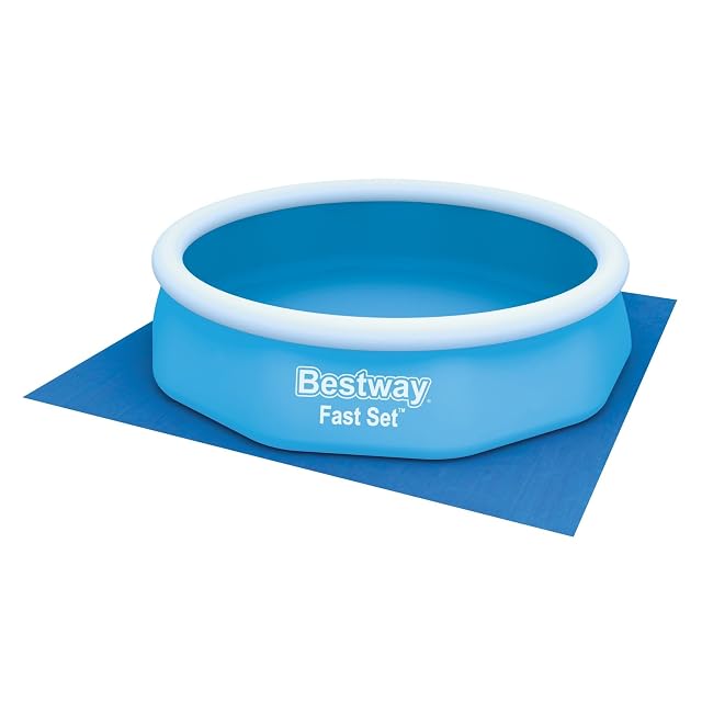 Blue Bestway square polyethylene ground cloth, 335 by 335 centimetres, laid out flat