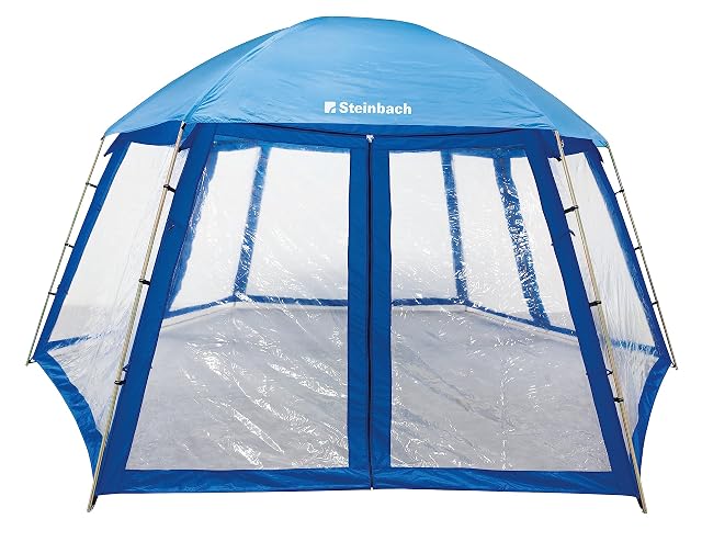 Steinbach pool pavilion with transparent PVC sides and zipped doors standing over a round above-ground pool