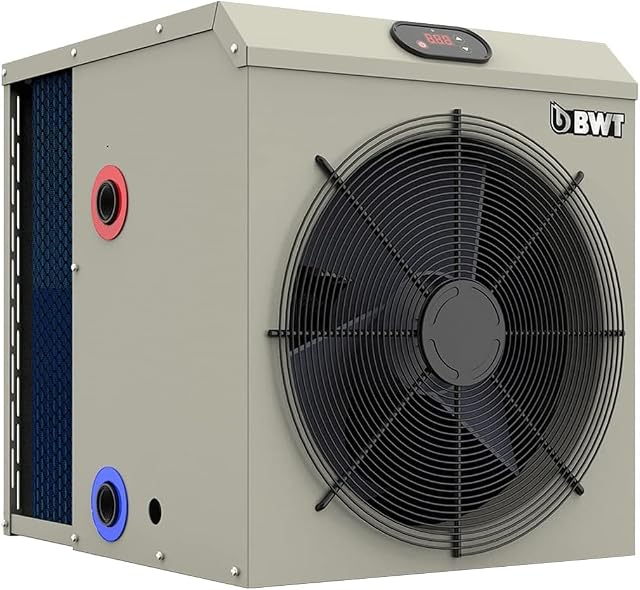 BWT Mini pool heat pump in a metal housing installed between filter and pool inlet