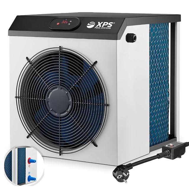 Compact Pool-Systems XPS-35 pool heat pump beside an above-ground pool