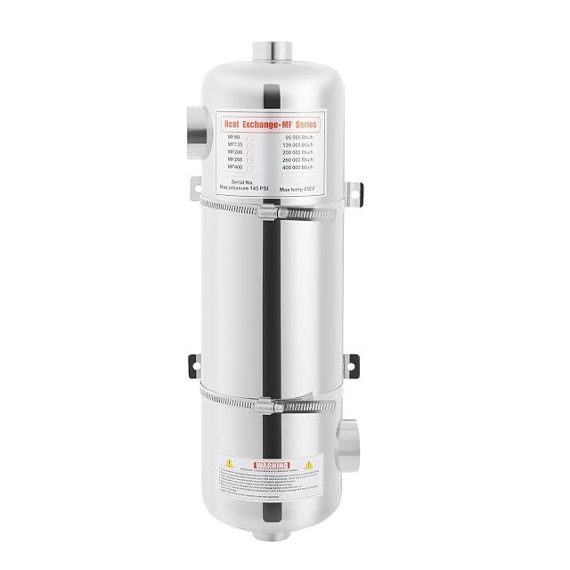 SUONTY stainless steel pool heat exchanger 13 by 48 cm with opposed inlet and outlet ports