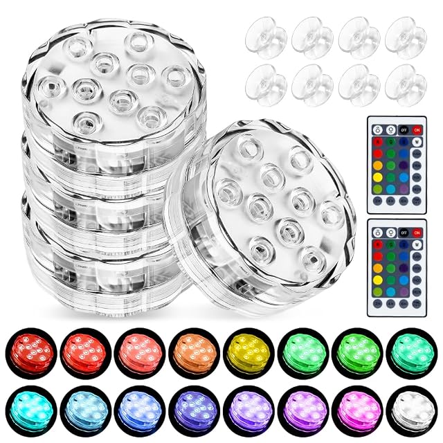 Four mizikuu underwater RGB LED lights with magnets and suction cups