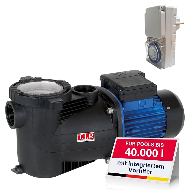 T.I.P. pool pump with an integrated timer and outdoor socket, and a transparent prefilter lid