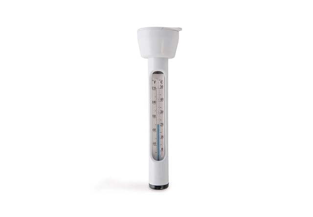 White Intex floating pool thermometer with a tether cord
