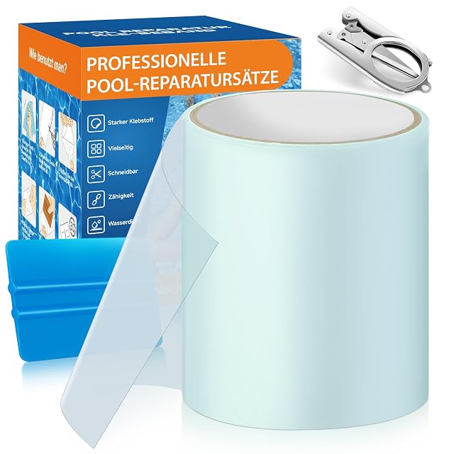 AQhui transparent underwater pool repair tape roll with folding scissors and a palm-sized scraper