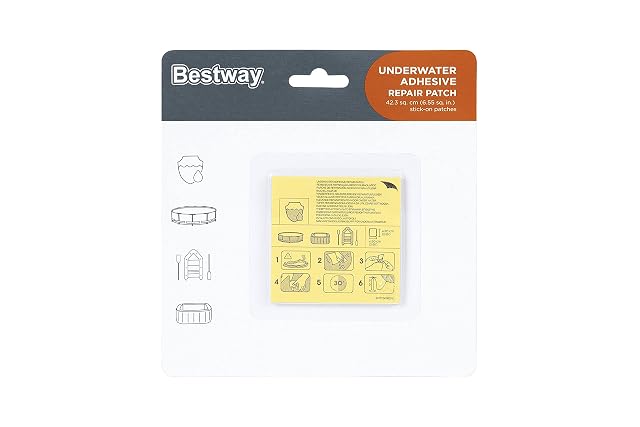 Ten Bestway self-adhesive waterproof repair patches, each 6.5 by 6.5 centimetres