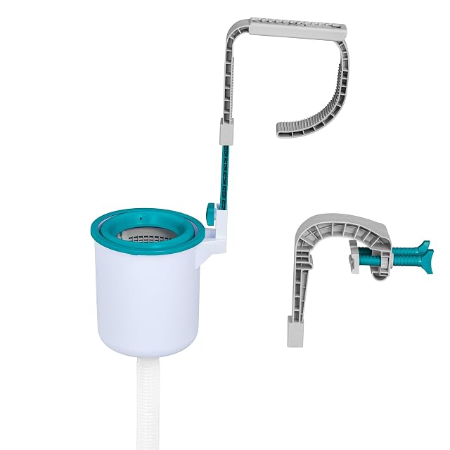 Bestway Flowclear hang-on surface skimmer clipped over the wall of a frame pool