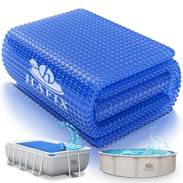 HAFIX blue bubble solar cover floating on a round above-ground pool