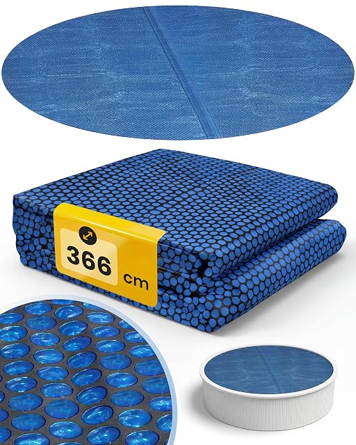 Miganeo black and blue round solar cover on a pool surface