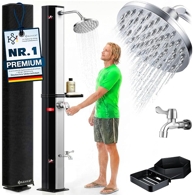 KESSER 60 litre solar shower 225 centimetres tall with a chromed mixer and rain head