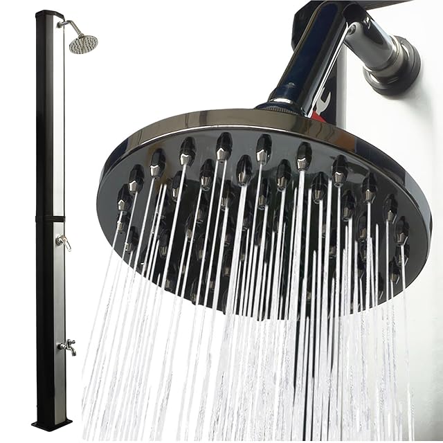 Nemaxx 35 litre solar shower with a swivelling rain head and separate foot tap