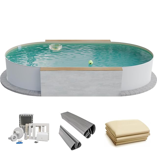 Large white Fresh-Pool oval steel wall pool 525 by 320 centimetres with a sand-coloured liner