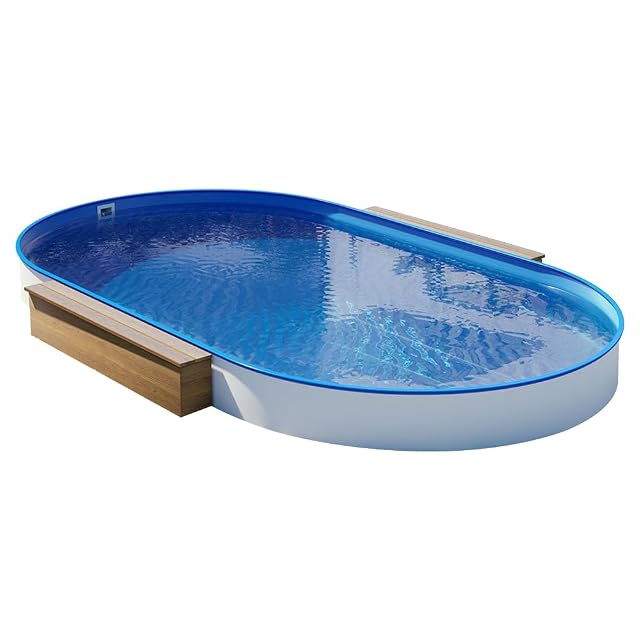 Oval POOL Total steel wall pool 4.50 by 2.50 metres with a plastic handrail and a blue liner