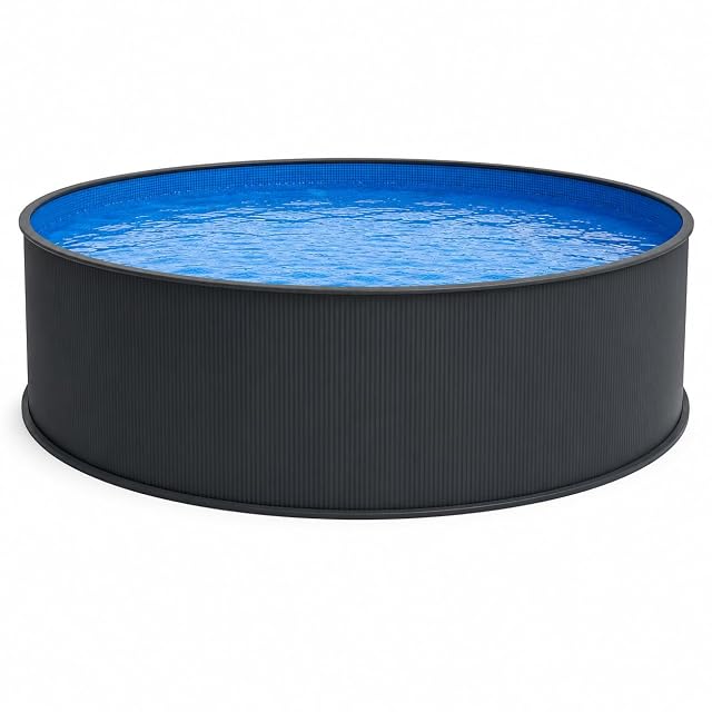 Large anthracite poolomio steel wall pool 550 cm across and 120 cm deep with a blue overlap liner