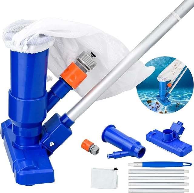 Julyee pool vacuum head with a mesh debris bag and a five-section aluminium splice pole