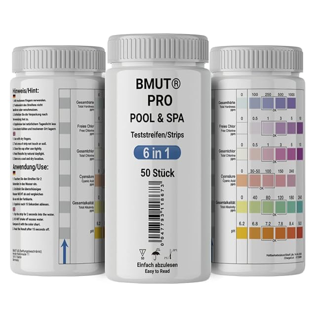 BMUT 6-in-1 pool and spa test strips in a tube with a colour chart on the bottle