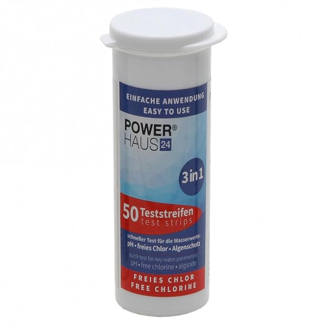 POWERHAUS24 3-in-1 pool test strips in a tin, sealed in aluminium packs of ten