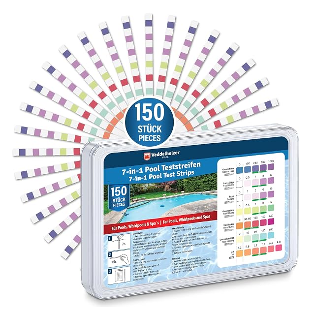 Veddelholzer 7-in-1 pool test strips with a laminated waterproof colour scale card