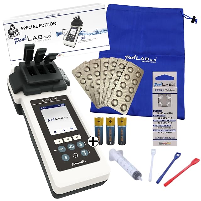 AlphFa PoolLAB 2.0 photometer with its colour display lit, beside five types of reagent tablet