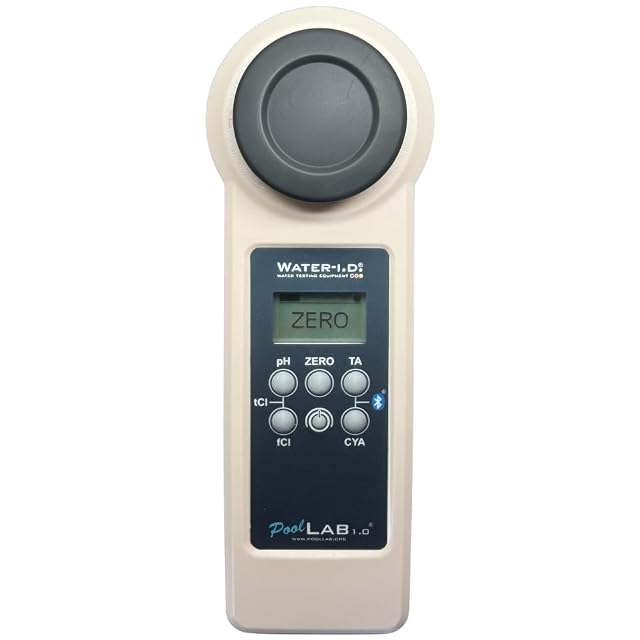 PoolLab 1.0 handheld photometer with its measuring chamber open, beside reagent tablets and batteries