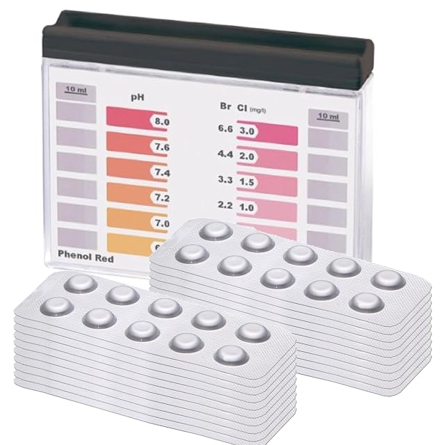 POWERHAUS24 Rapid Tester comparator with a large supply of DPD 1 and phenol red tablets