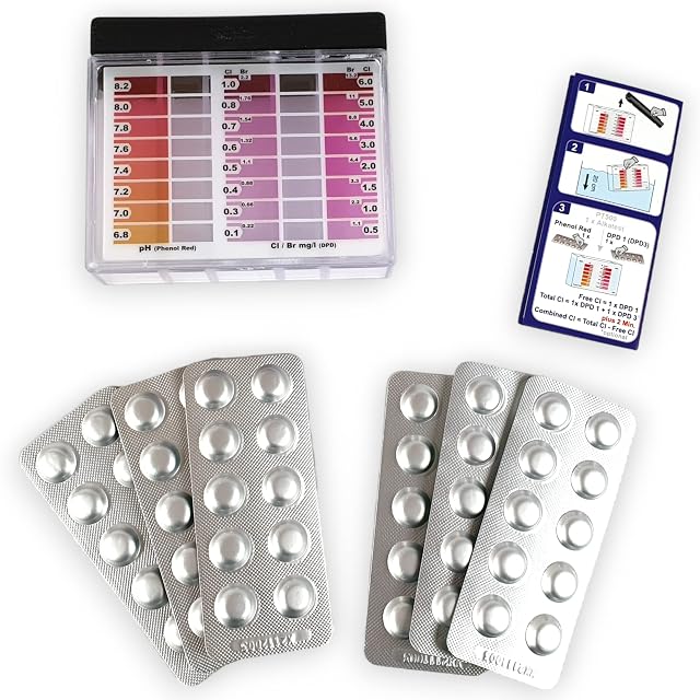 Wiesel Tuning pool tester set with a colour scale, storage box and blistered rapid test tablets
